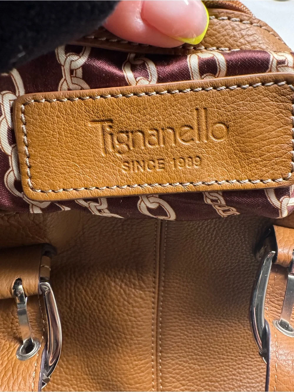Tignanello Brown Pebbled Leather Tote Shoulder Bag Silver Buckles⁠